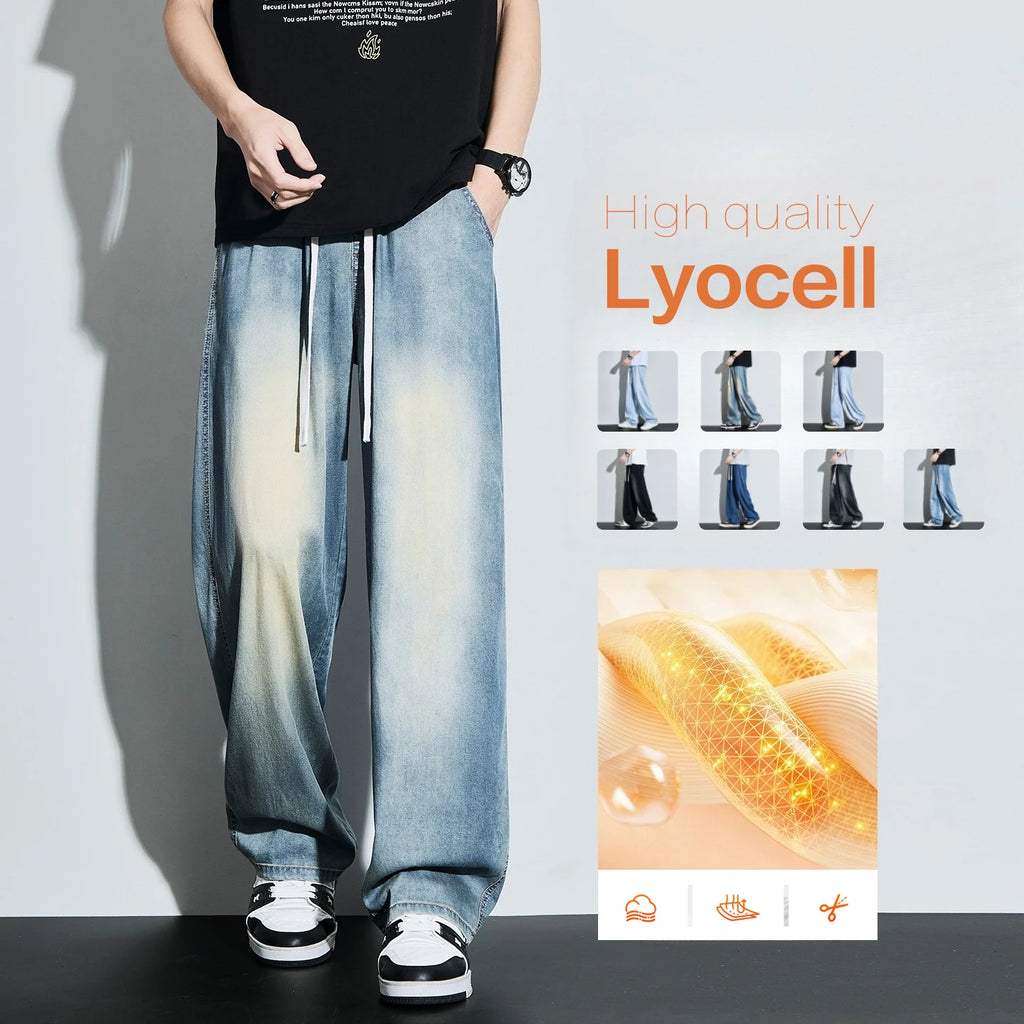 High Quality Spring Summer Lyocell Men's Jeans Baggy Straight Drawstring Streetwear High Street Trousers Male 7 Color