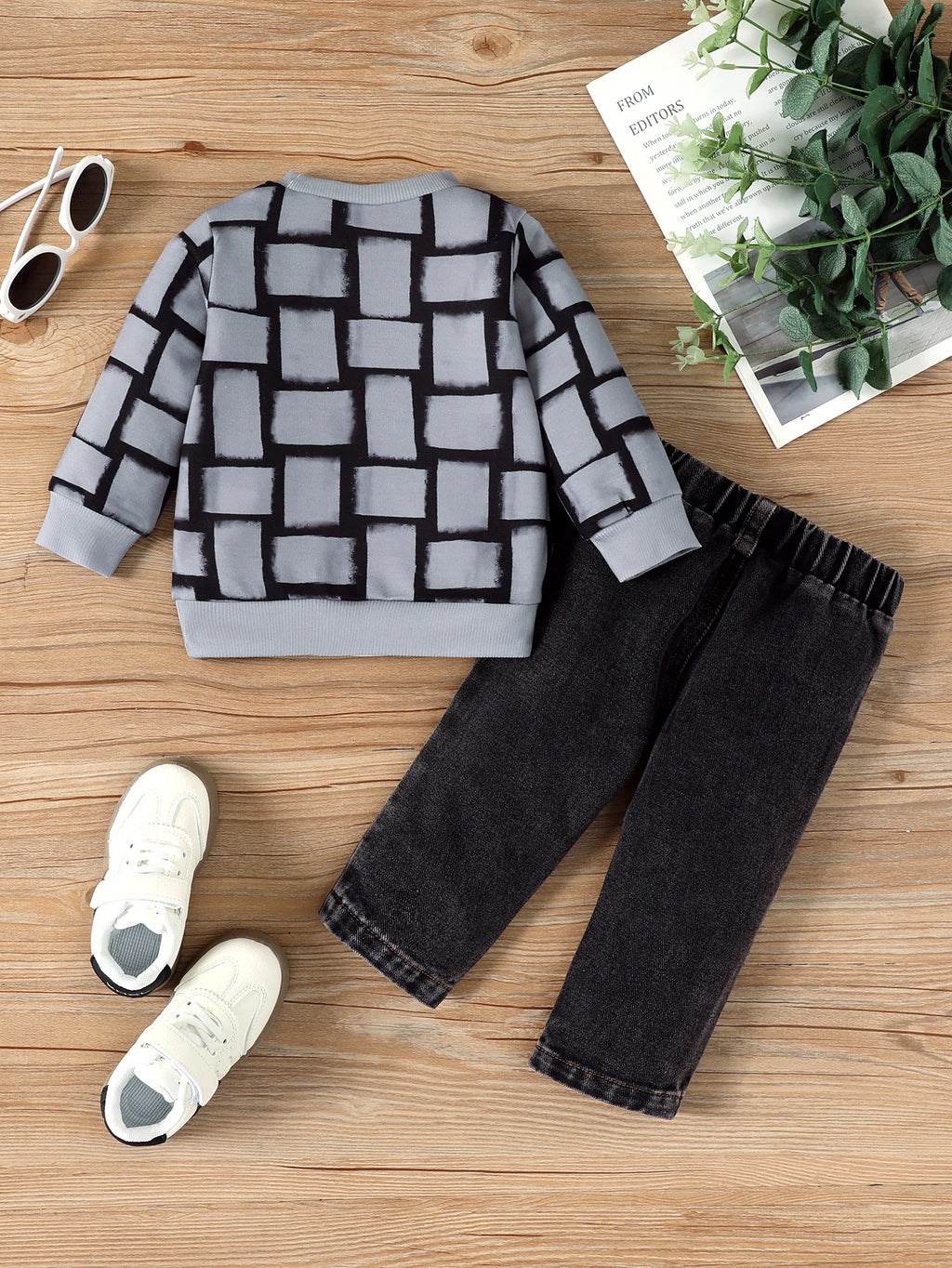Boys' Trendy Checkered Sweatshirt + Vintage Washed Jeans Two-Piece Set