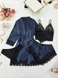 New Fashion Robe Lingerie Set Black Lace Bralette Thong Shorts Women's Luxury Sleepwear Nightwear Elegant Sexy Gift Bridal