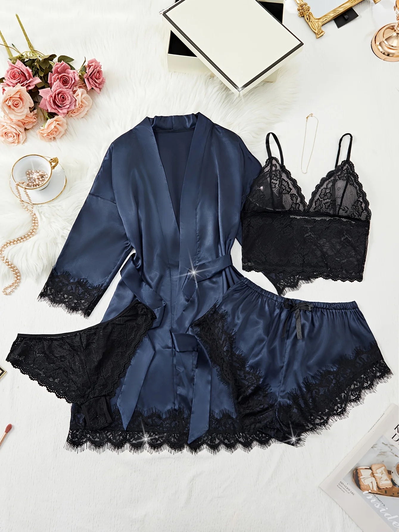 New Fashion Robe Lingerie Set Black Lace Bralette Thong Shorts Women's Luxury Sleepwear Nightwear Elegant Sexy Gift Bridal