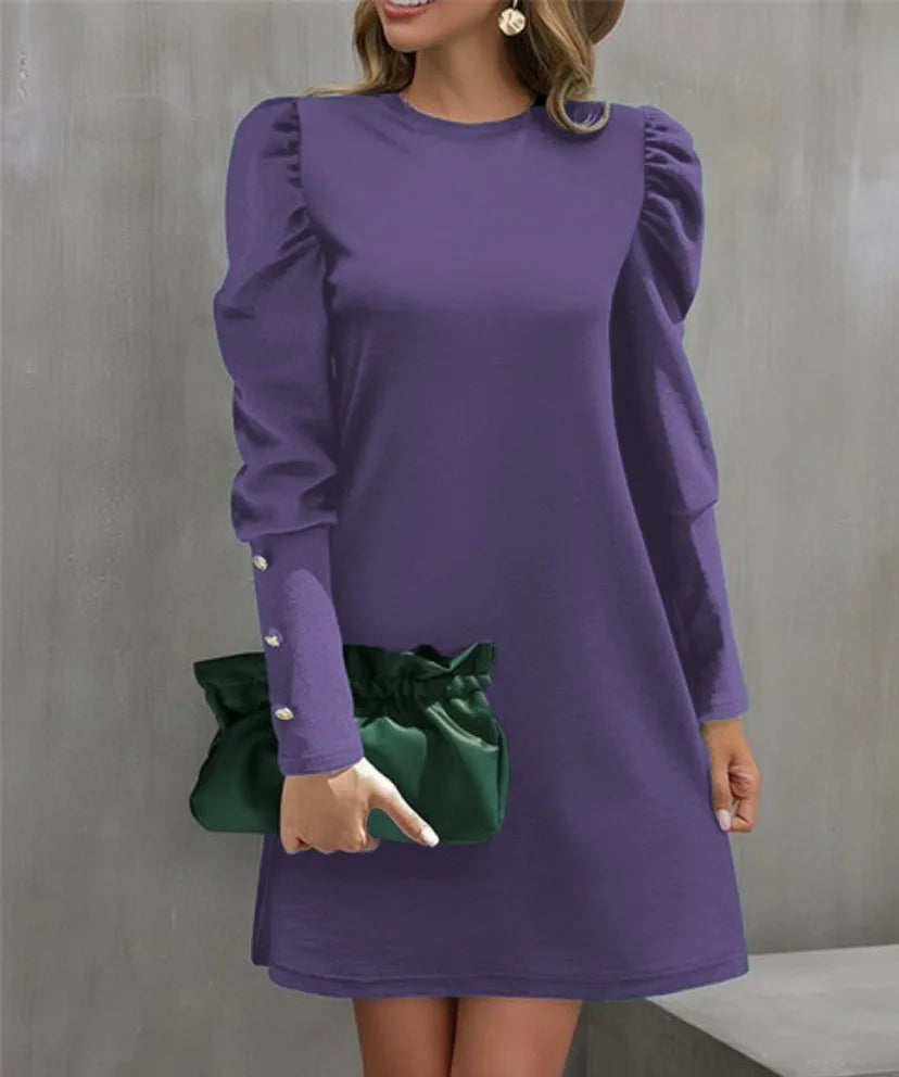 2025 Spring and Autumn New Round Neck Bubble Sleeve Button Decorative Long Sleeve Dress