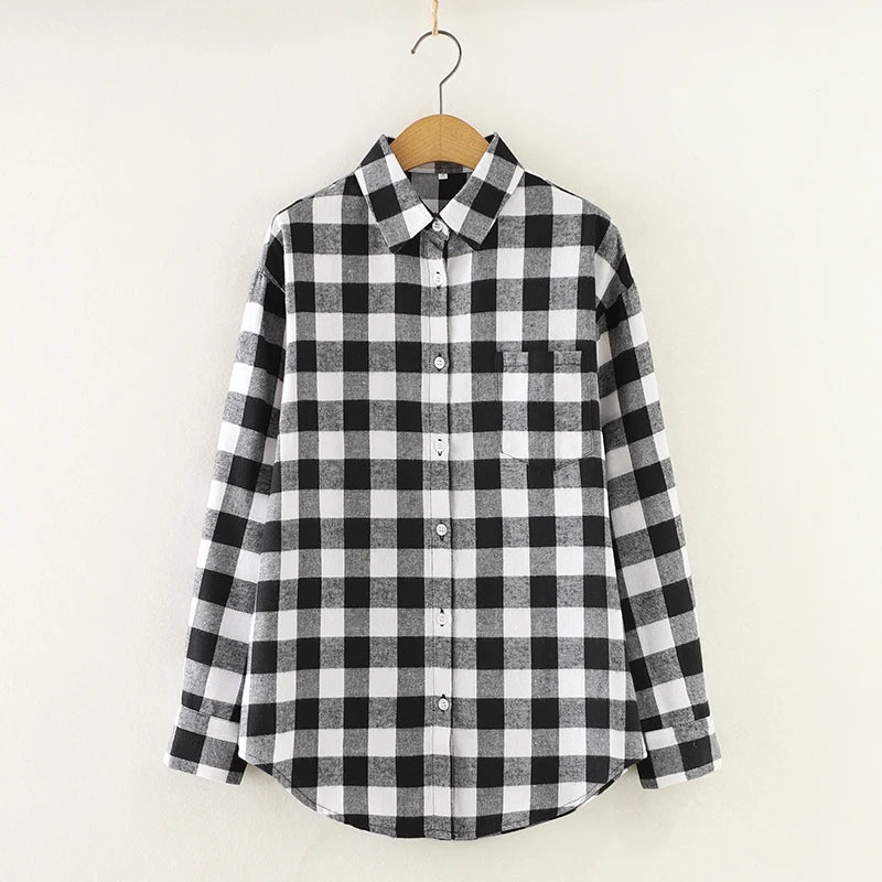 Fresh Flannel Plaid Shirt Women 2025 New Female Blouses and Tops Cotton Loose Long Sleeve Casual Shirts Fine Women's Clothes