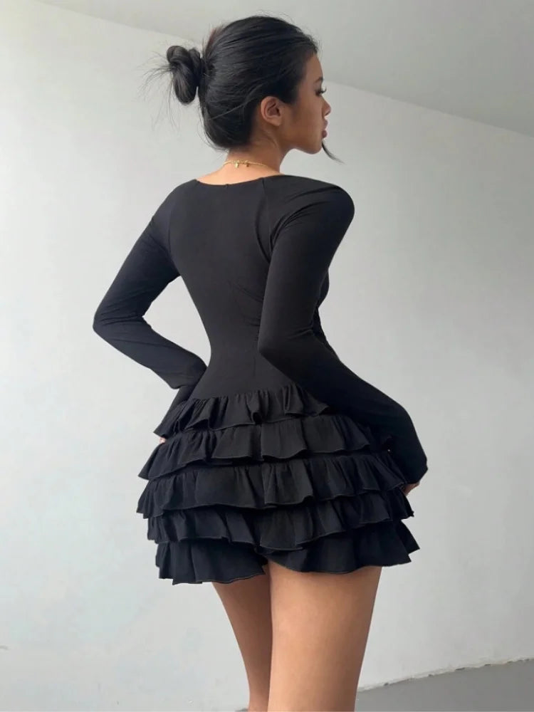 Fashion Ruffled Lace Panel Long Sleeve Dress Irregular Hem Feminine Elegant Vintage Style Party Casual Wear For Women