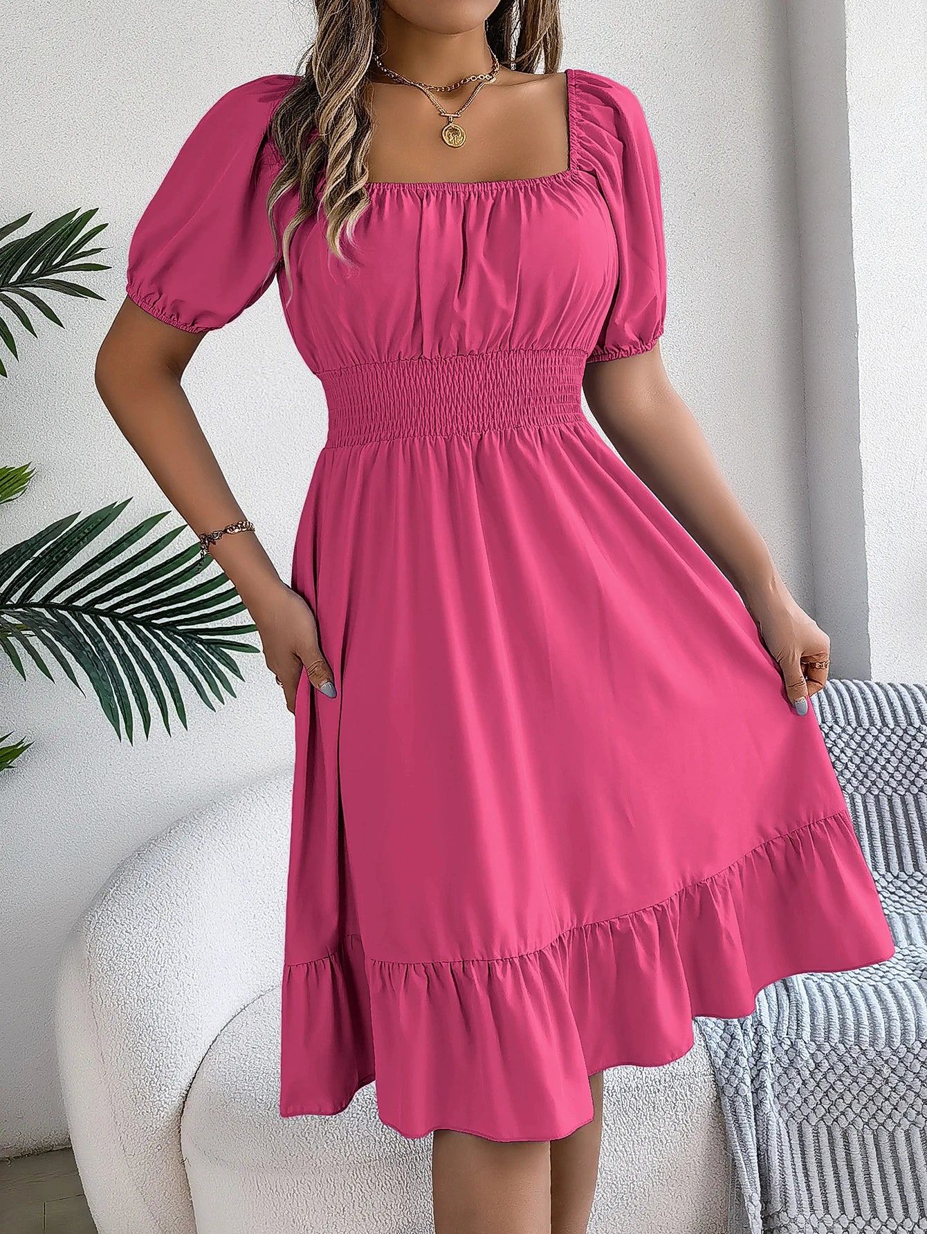 Spring Summer Elegant High Waisted Dress Square Neck Short Sleeved Ruffled Edge Long Dresses for Women 2026 Valentine's Day