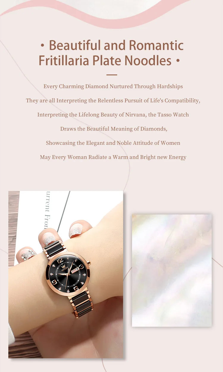 OLEVS New Ceramics Watchstrap Watch For Women Luxury Business Diamonds Wristwatch Fashion Waterproof Dual Calendar Woman Watches