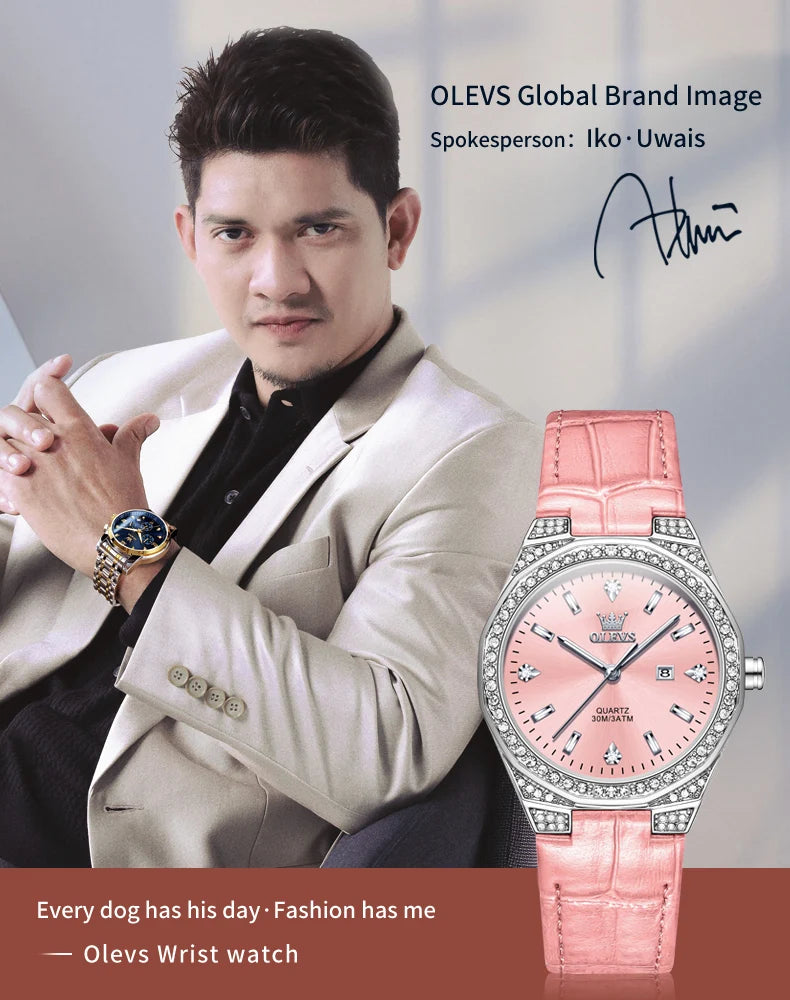 OLEVS NEW Women's Watches Pink Leather Strap Full Diamond New Style Date Waterproof Original Quartz Watch for Girl Fashion