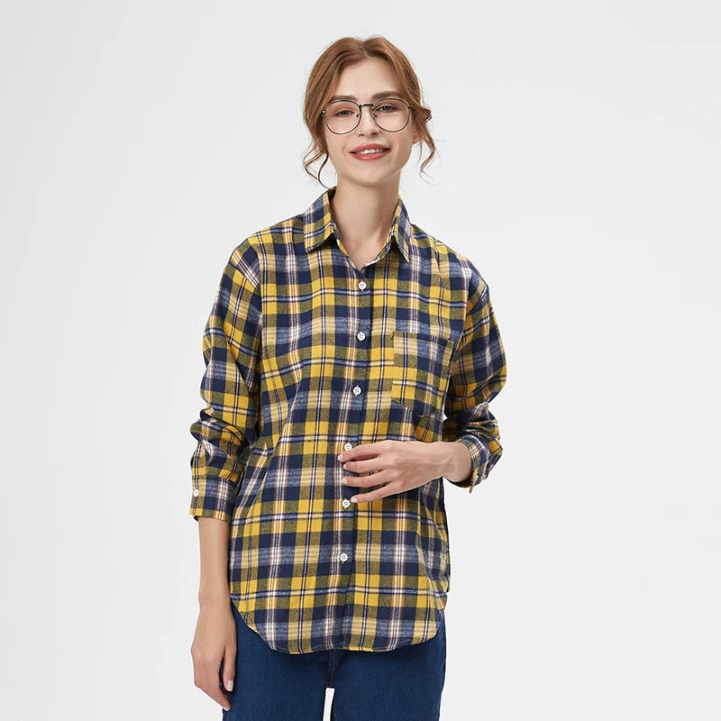 Fresh Flannel Plaid Shirt Women 2025 New Female Blouses and Tops Cotton Loose Long Sleeve Casual Shirts Fine Women's Clothes