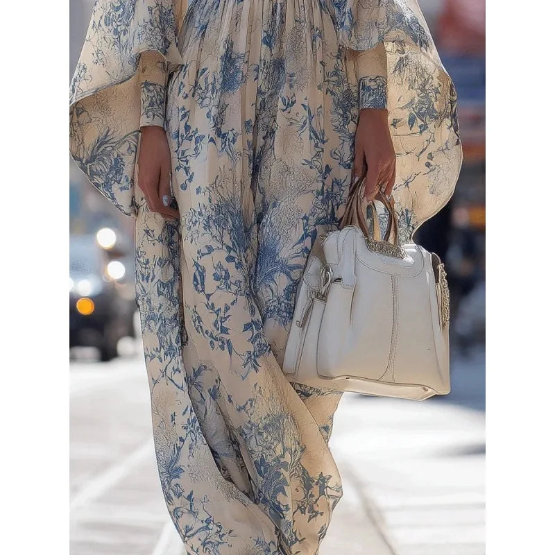 Tinaa Sky Blue Flower Print Long Dresses for Women 2026 Spring Summer New Loose Fit Batwing Sleeve O Neck Elegant Dress 196197