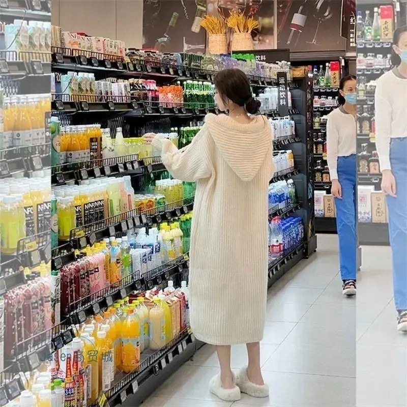 Bottom Hooded Knitted Dress with Lazy Style Medium to Long Loose Flesh Blocking Thick Dragon Fruit Colored Sweater Long Skirt