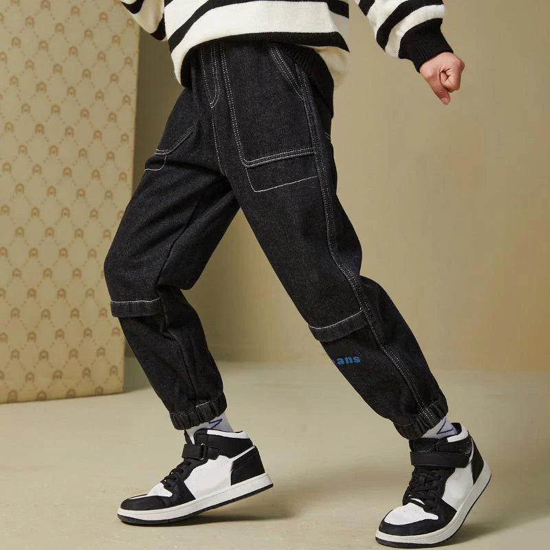 DIIMUU 4-11 Years Boys Clothes Slim Straight Jeans Young Pants Kids Baby Children Denim Clothing Trousers Elastic Waist Bottoms