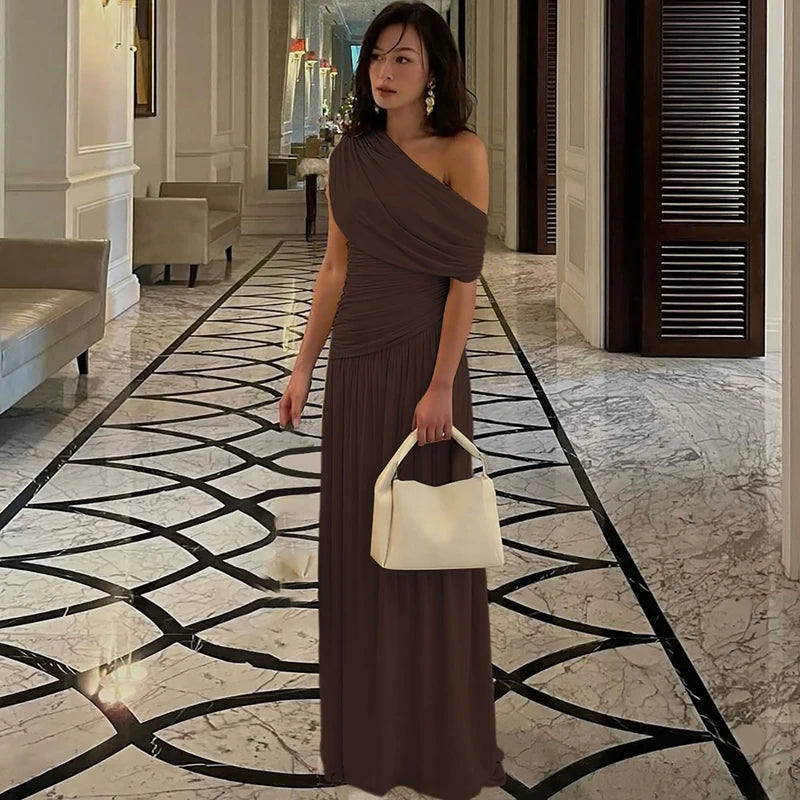 Hugcitar One Shoulder Ruched Sleeveless Solid Pleated Sexy Irregular Y2K Maxi Dress Summer Elegant Party Women Clothes Vacation