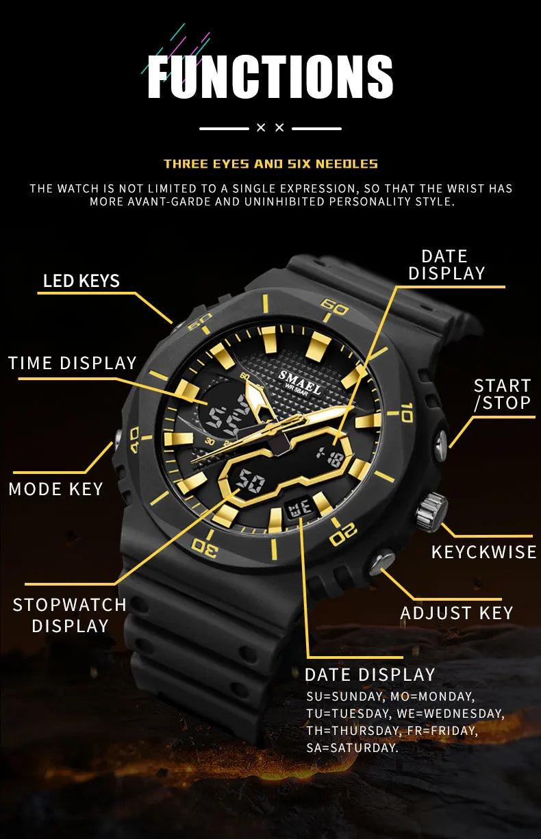 SMAEL Fashion Sport Watches for Unisex Top Brand Luxury Sports Chronograph Women Watch Waterproof Digital Quartz Wristwatch