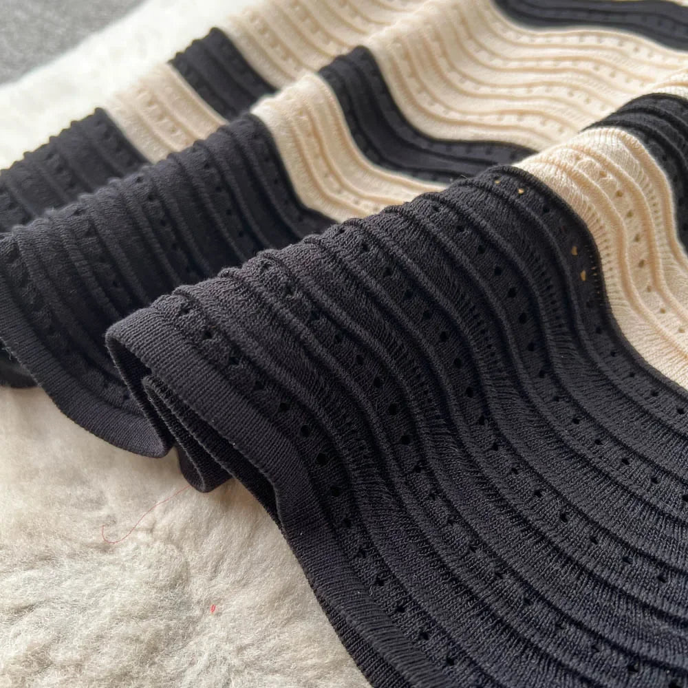 Short Sleeves Striped Long Dress Lapel Neck Hollow Out Slim Bodycon Sundress Fashion Hotsweet Knitted Beach Midi Dress