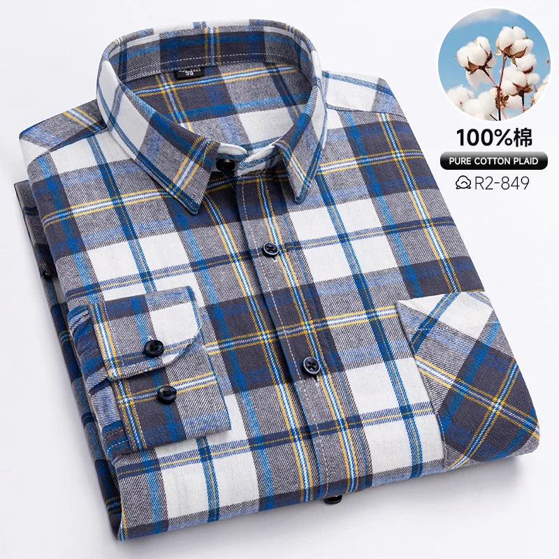 Pure Cotton Men's Plaid Shirts Long Sleeved Regular Fit Casual Office Fashion Shirts Leisure Autumn Male Check Blouses Plus Size