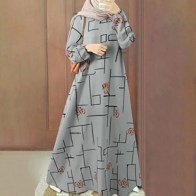 New 2025 Long Sleeve round Neck Printed Loose Fit Maxi Dress Women's Casual Wear Middle East Muslim Style Cross Border Fashion