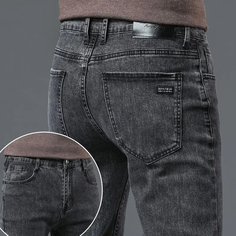 Amekaji Men Fashion  Slim Fit Jeans Male Elasticity Smart Casual Mid Classics Straight Denim Pants Wedding Party Black Trousers