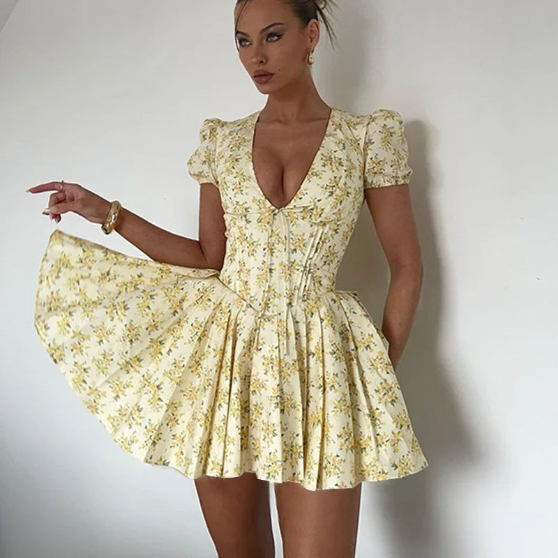 Women's clothing 2025 spring new product vacation style sexy deep V floral bubble sleeves waist pure desire dress for women
