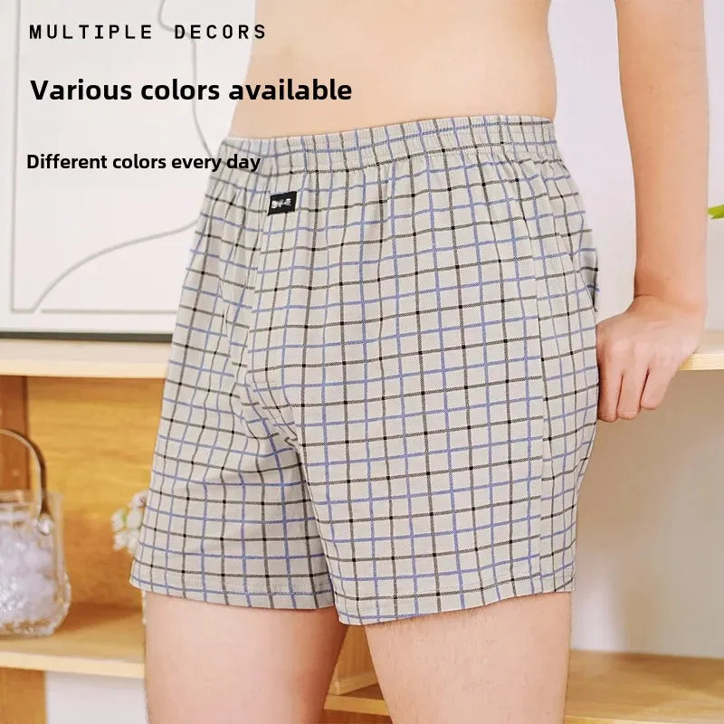Breathable Cotton Men's Mid-Waist Shorts Plus Size Loose-Fit Plaid Underpants For Home Sleep Summer Loungewear