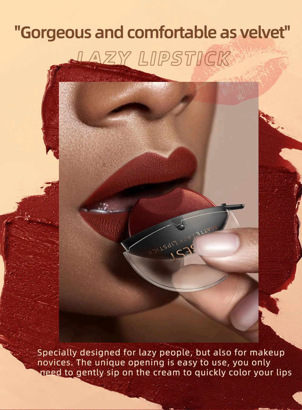Lip-shaped lipstick seal Sip into makeup lazy blush lipstick Matte makeup effect Moisturizing lip gloss Waterproof non-stick cup