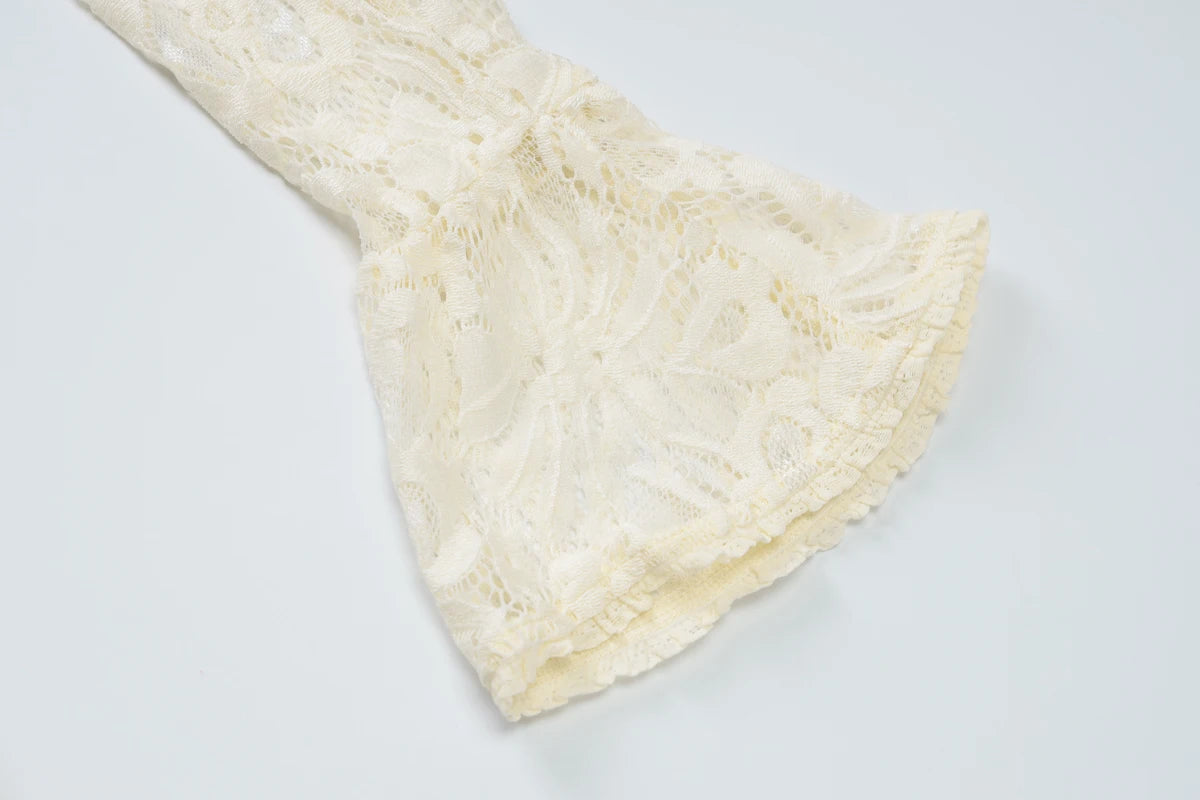 Hugcitar Turtleneck Long Flare Sleeve Patchwork Lace Hollow Out Button Sexy Mini Dress 2025 Spring Women Clothes Party Nightclub