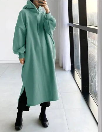 2025 Thicken Autumn Winter Women Oversized Hoodie Long Dress Solid Fashion Long Sleeve Female Clothing Casual Loose New Dresses