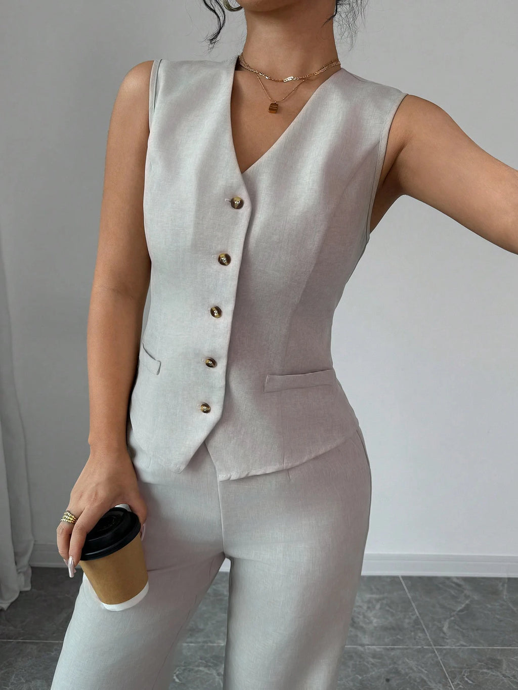 Spring Summer New Women Suit Two Piece Set Retro V Neck Single Breasted Waist Vest Wide Leg Pants Casual Commuter Outfit