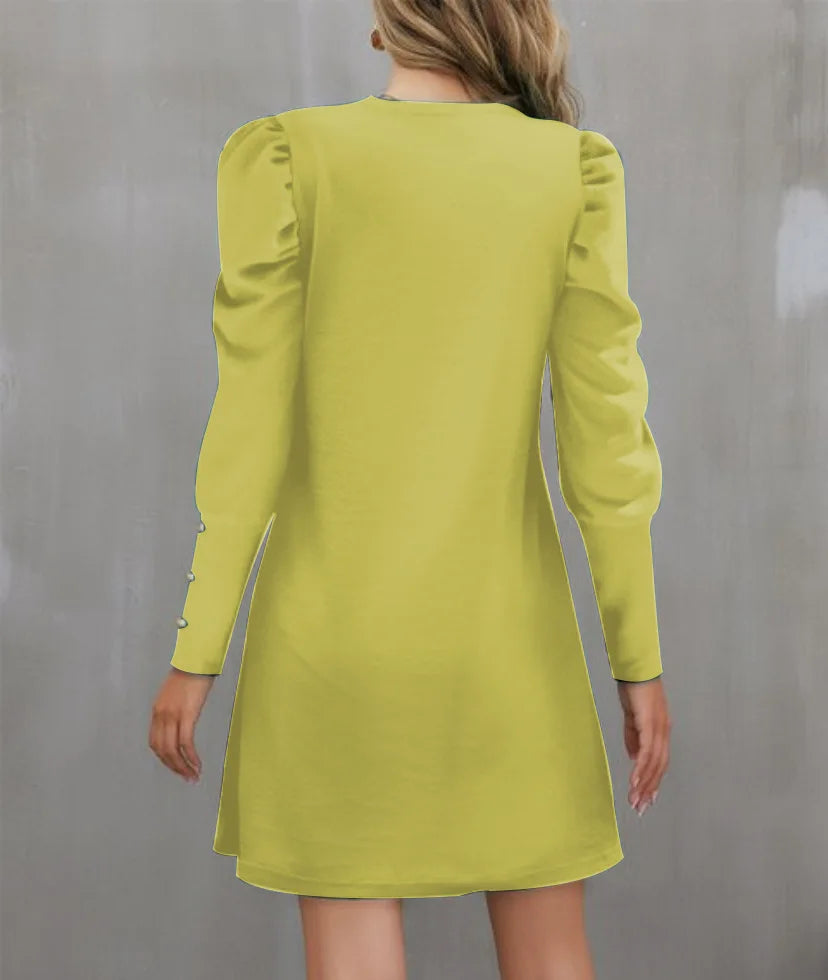 2025 Spring and Autumn New Round Neck Bubble Sleeve Button Decorative Long Sleeve Dress