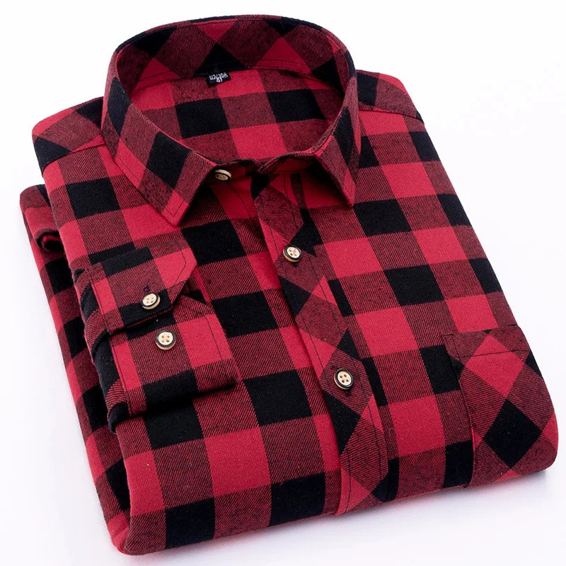Plus Size M-5XL Men's Western Style Plaid Long Sleeve Shirt, Brushed Flannel Fabric, Loose Fit Casual Wear