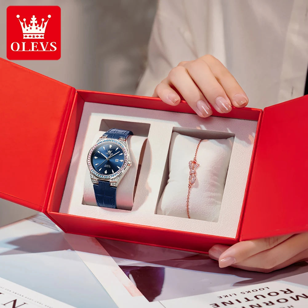 OLEVS NEW Women's Watches Pink Leather Strap Full Diamond New Style Date Waterproof Original Quartz Watch for Girl Fashion