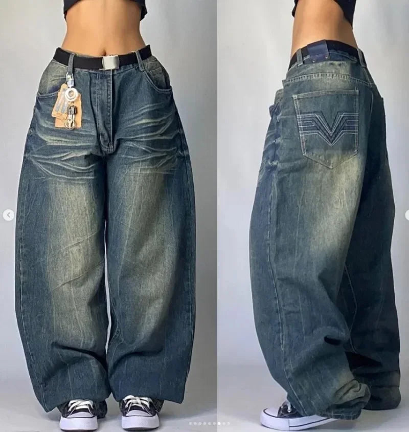 American Hip-hop Retro Loose Jeans Women's Y2K New Tide Harajuku High Waist Wide leg Pants Gothic Wide Pants Street Pants Male