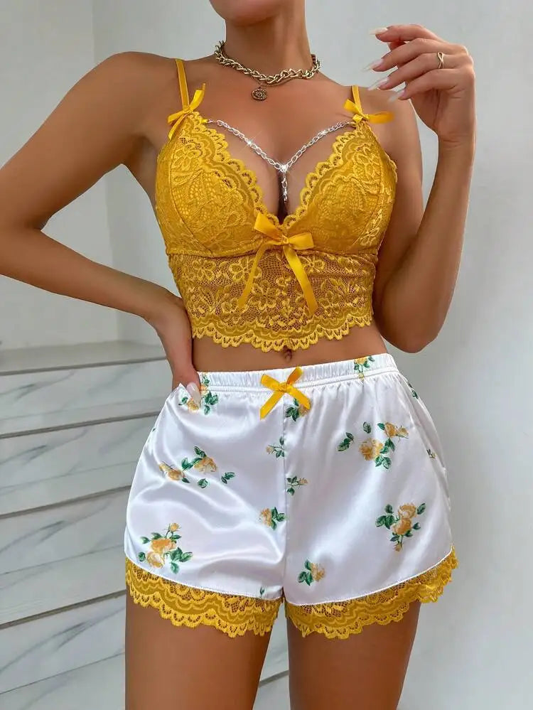 Women Sexy Lingerie Set Lace V-neck Sleeveless Cami Tops with Lace Trim Floral Shorts Nightwear Female Casual Pajamas Sleepwear