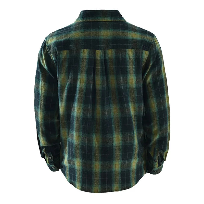 Oversized 100% Cotton Men's Plaid Shirt, Japanese Casual Style, Green Coffee Check Camping Fishing