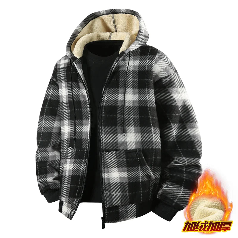 Men's New Plaid Hooded Jacket Sweater Autumn/Winter Fleece Coat Thickened Warm Casual Clothing Windproof Outerwear