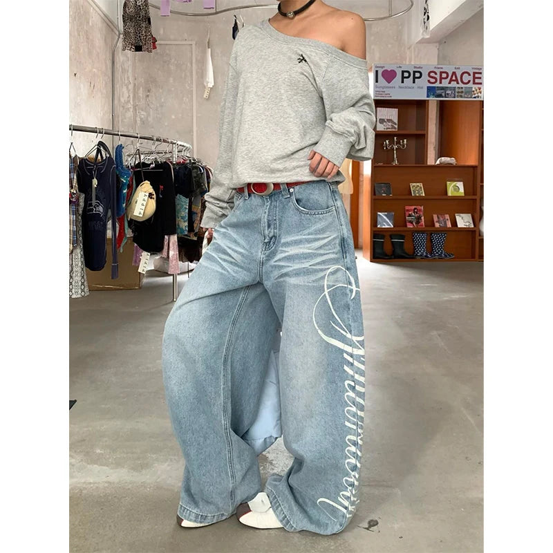 Women Blue Y2k Baggy Boyfriend Jeans Harajuku Vintage Wide Leg Denim Trousers Japanese 2000s Style Jeans Pants Oversize Clothes