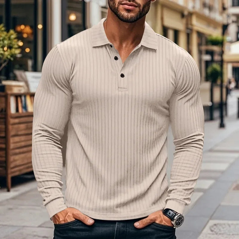 Men's Autumn  Classic Casual  Elastic Pit Strip Polo ShirtAmerican  Lapel Button-up Long-Sleeved T-shirt