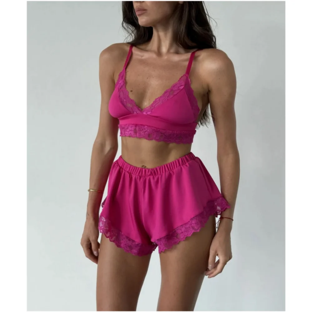 Sexy Lace Splicing Lingeries Sets Woman V Neck Spaghetti Strap Satin Bra And Shorts Pajama Set Casual Home Sleepwear Set