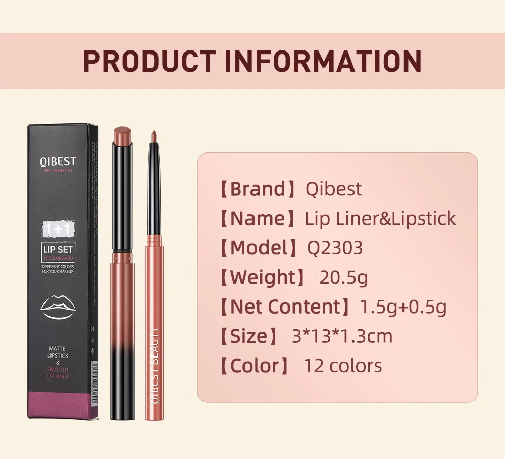 QIBEST Matte Nude Lipstick Pen Long Lasting Lipliner Lip Pencil Waterproof Lip Liner Contour Sexy Red Lip Makeup Set For Women