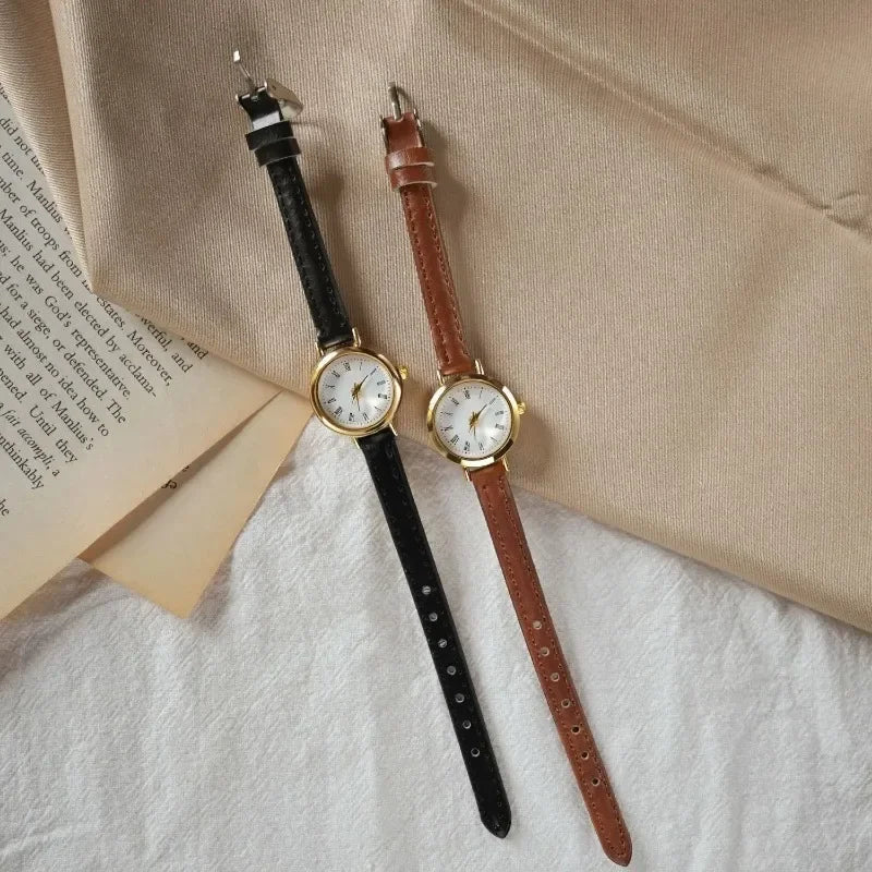 Women Brown White Small Round Watches Versatile Thin Strap Leather Band Ladies Quartz Watch Wristwatch Clock Reloj Mujer