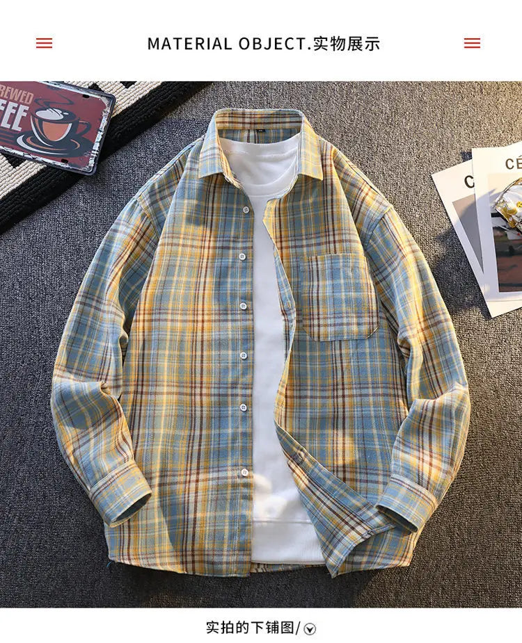 High-quality, fashionable, stylish, versatile and trendy men's checked long-sleeved shirt for autumn banquets and casual wear