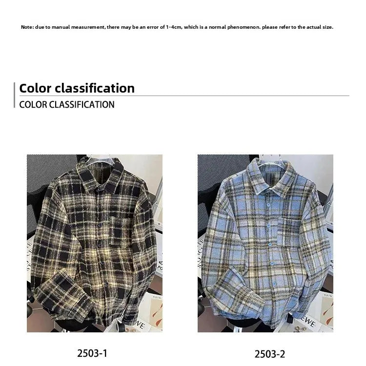 Retro American Plaid Long Sleeve Shirt Women's Lazy Style Loose Slimming Versatile Flannel Coat with Pocket Full Length Button u