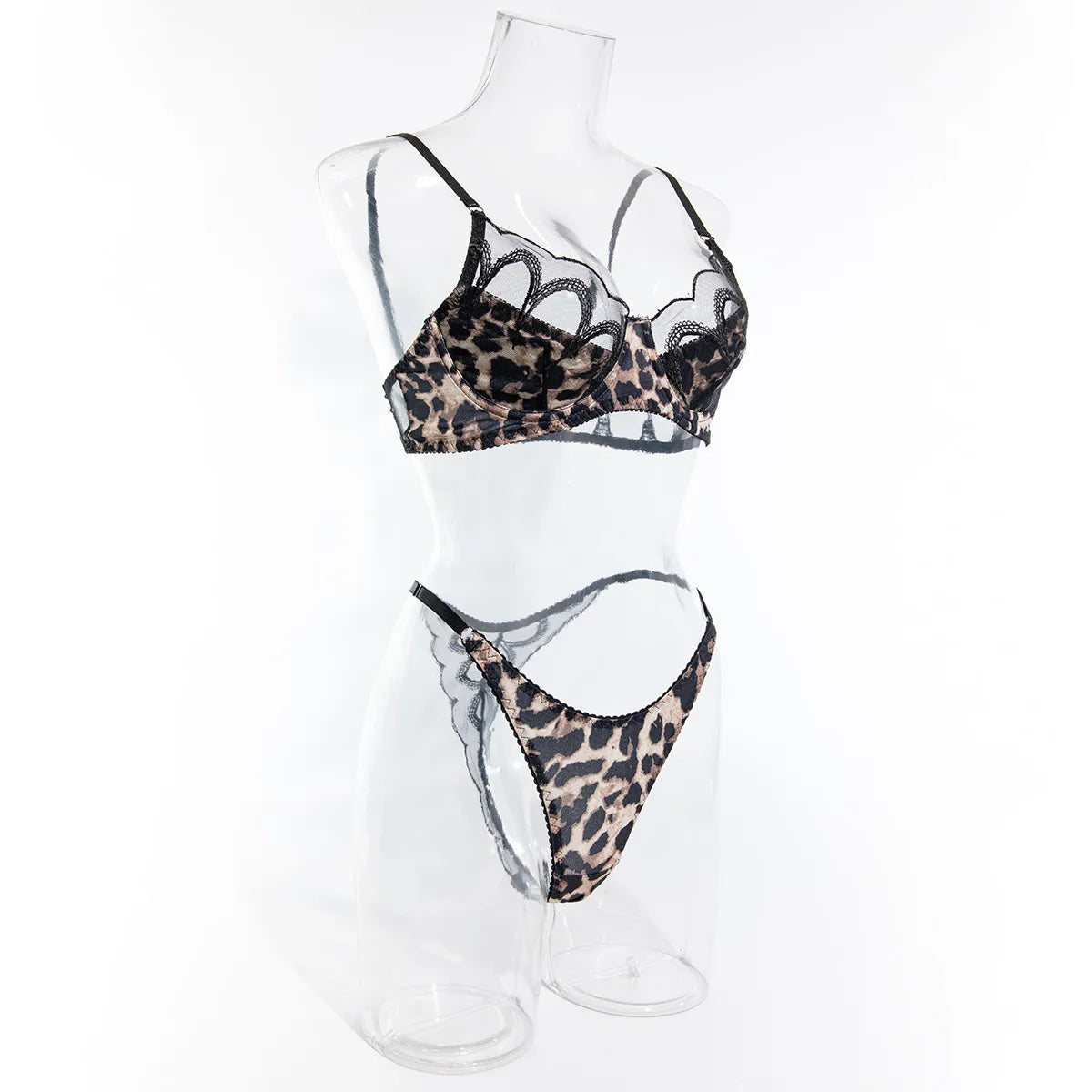 Sexy Ultra Thin Lace Leopard Printed Lingerie Set No Steel Ring Women's Perspective Underwear See Through Exotic Apparel Suit