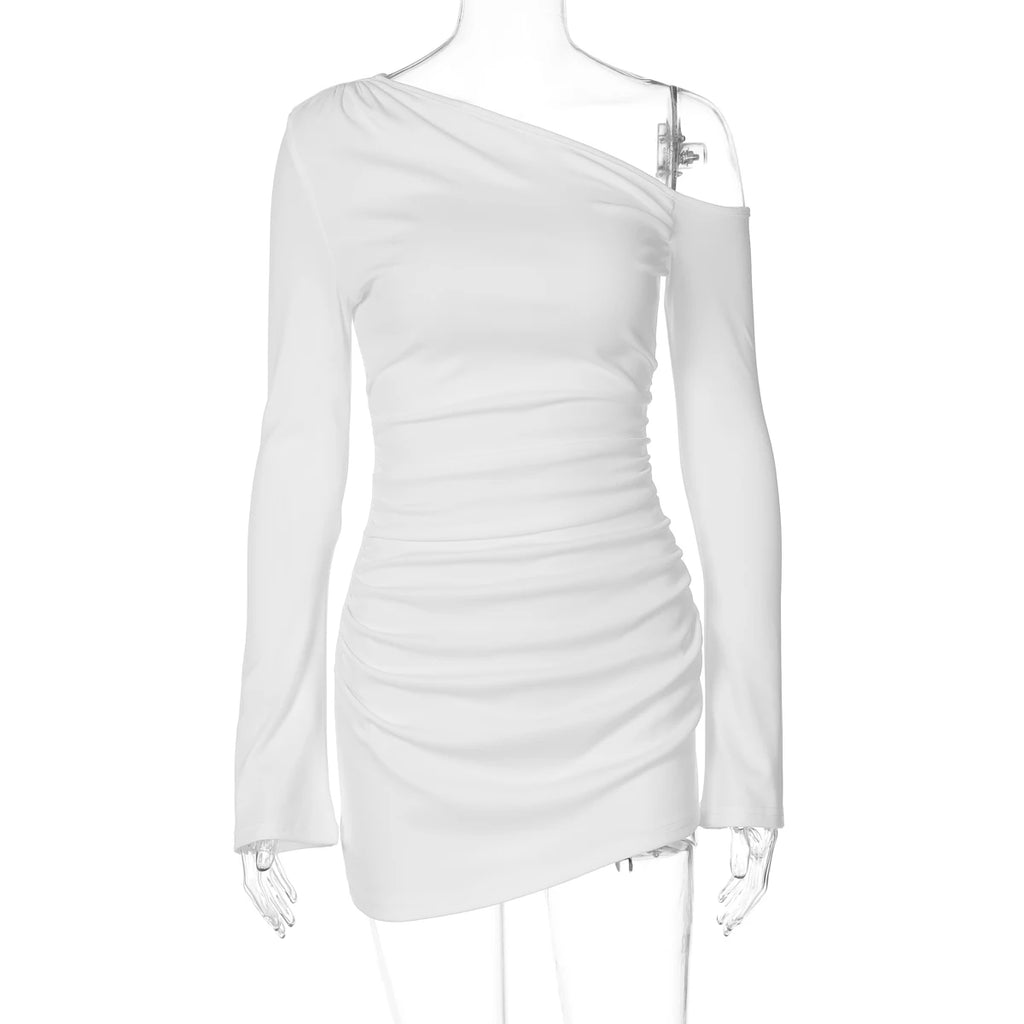 Dulzura Inclined Shoulder Long Sleeve Ruched Slim Irregular Mini Dress Women'S Solid Sexy Casual Dress Party Club Autumn Clothes