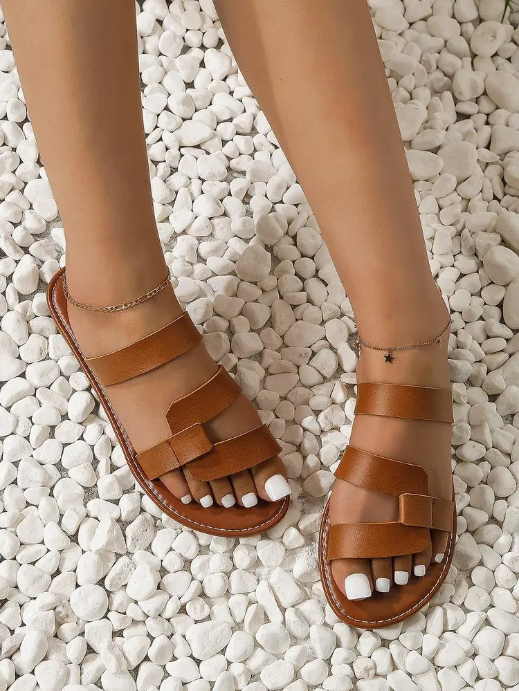 Women's Solid Color Slides, Lightweight Flat Slip On Walking Slides, Comfort Beach Slides