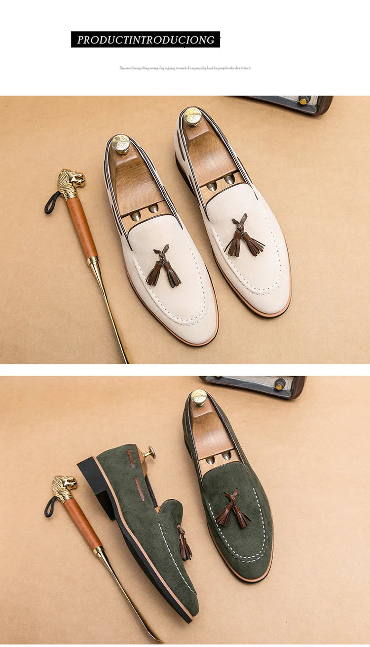 British Style Tassel Loafers Man Quality Suede Leather Shoes For Man Luxury Pointed Elegant Gentleman's Shoes chaussures homme