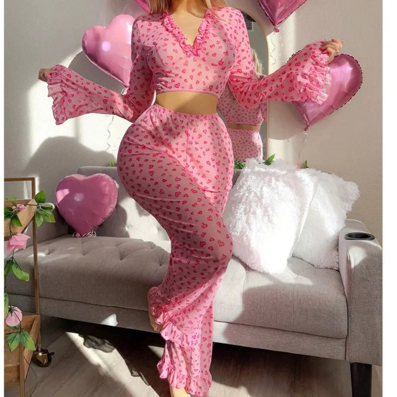 Sexy Lingerie Suit for Women Valentine's Day Passion Uniform Love Print Long-sleeved Trousers Pajamas Set Perspective