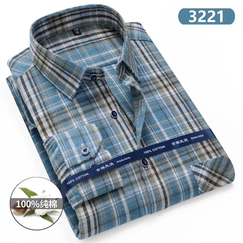 Plaid Flannel Shirts For Men Long Sleeve 100%Cotton Fashion Casual Soft Standard-Fit Man Blouse Clothes Men's clothing 10XL 11XL