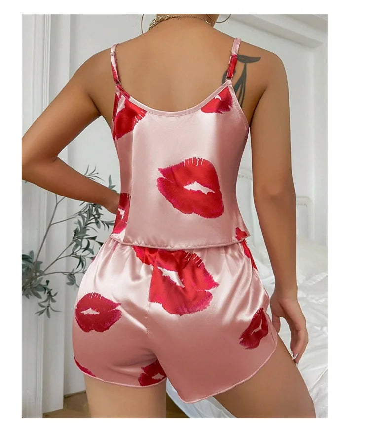 Women's Cute Heart Print Satin Pajama Set - V Neck Cami Top and Elastic Shorts for Comfortable Sleep and Lounging Homewear