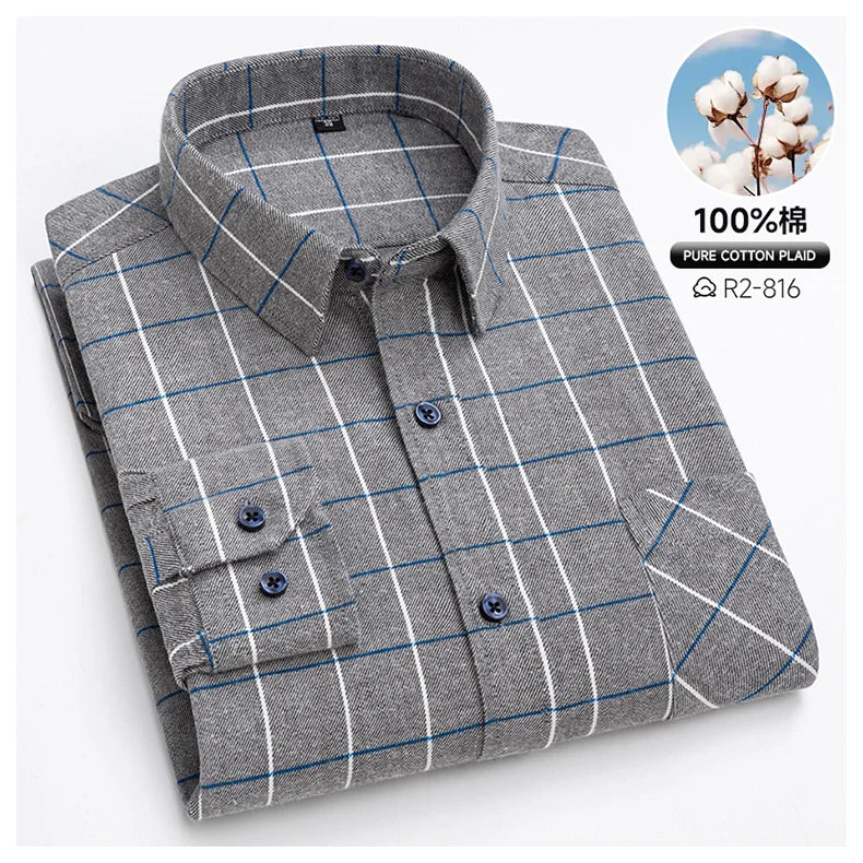 Pure Cotton Men's Plaid Shirts Long Sleeved Regular Fit Casual Office Fashion Shirts Leisure Autumn Male Check Blouses Plus Size
