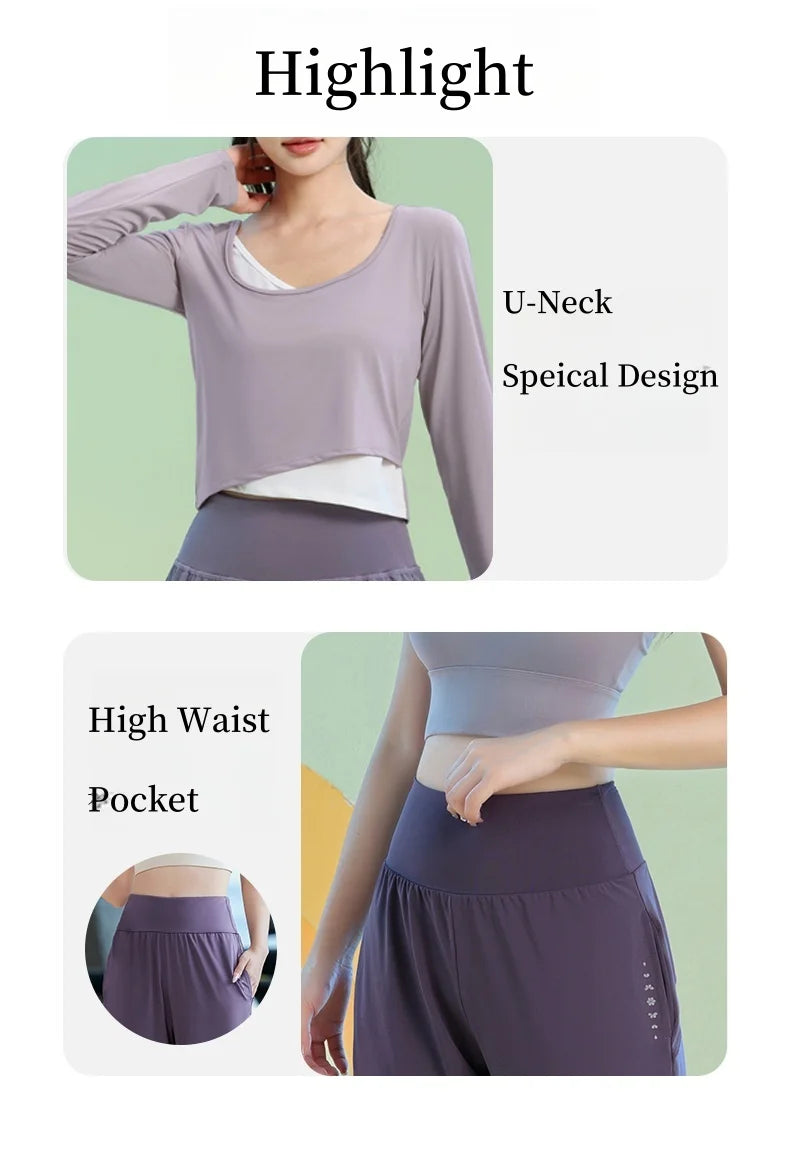 DRUR Women Yoga Set Loose Fit Gym Outfit Long Sleeve Top Pants 2 Piece Sportswear Outfit Running Jogging Suit Fitness Clothing