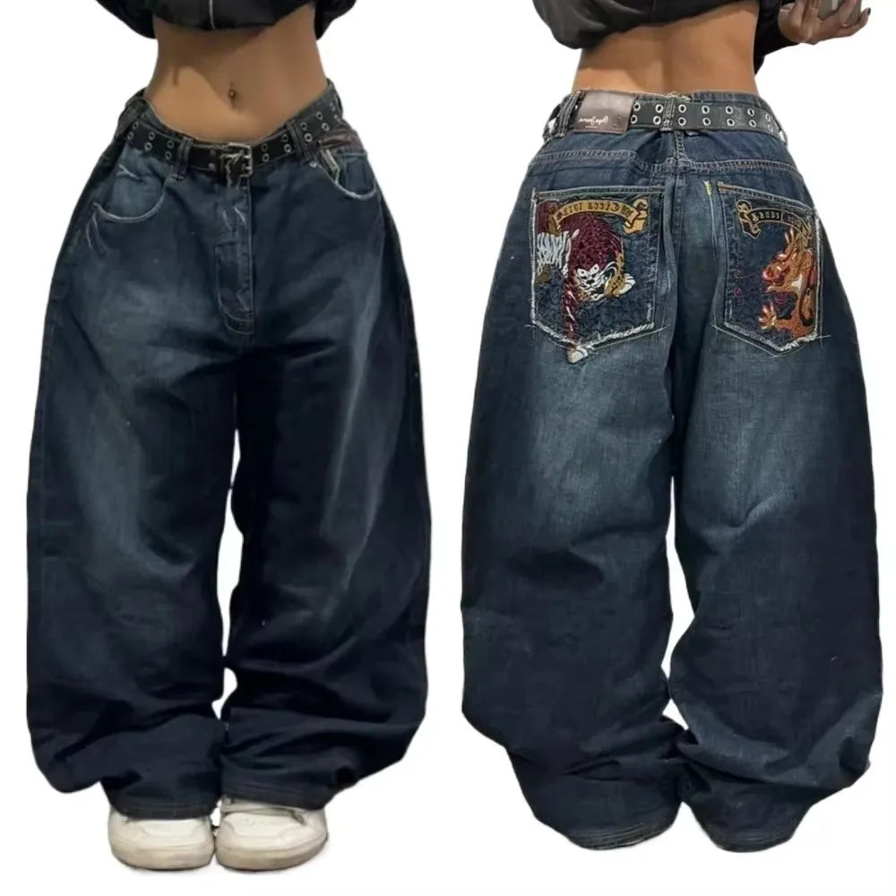 2024 New American hip-hop Vintage baggy jeans women's Harajuku high waist Y2K wide-leg pants Gothic wide pants Streetwear pants